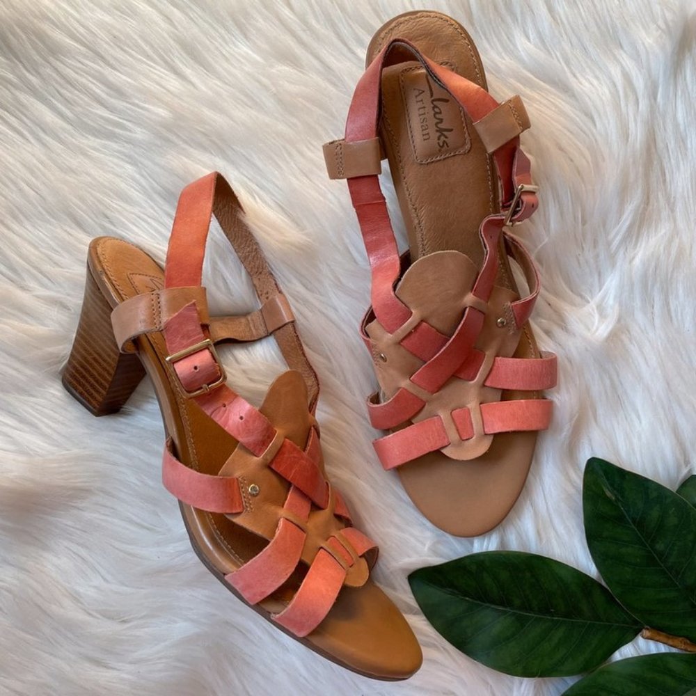 Clarks Artisan Leather Stacked Heel Sandals